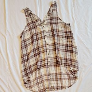 DECREE sheer plaid high low button detail flowy tank blouse